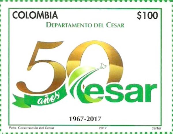 Estampilla oficial de la conmemoración de los 50 años de la creación del departamento del Cesar (Colombia)