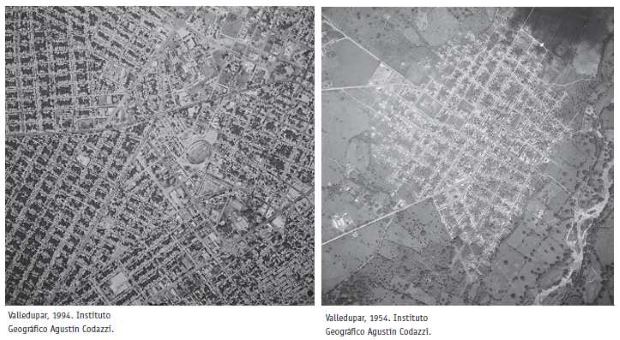 Vistas aéreas de Valledupar en 1994 y en 1954 / Foto: Geográfico Agustín Codazzi 